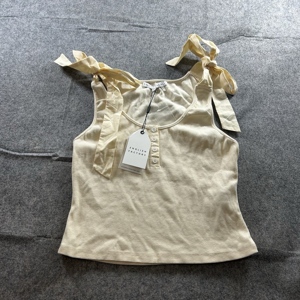English Factory Tank Top Women's Small Mixed Media Bow Tie Ribbed Henley Ivory